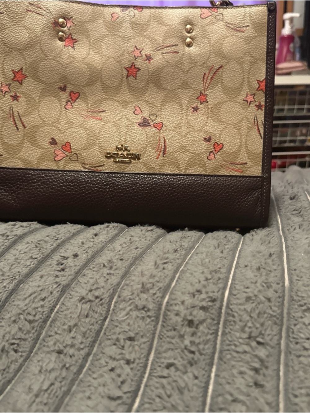 Coach Beige Canvas Tote with Brown Trim and Pink & Red Heart-Star Print